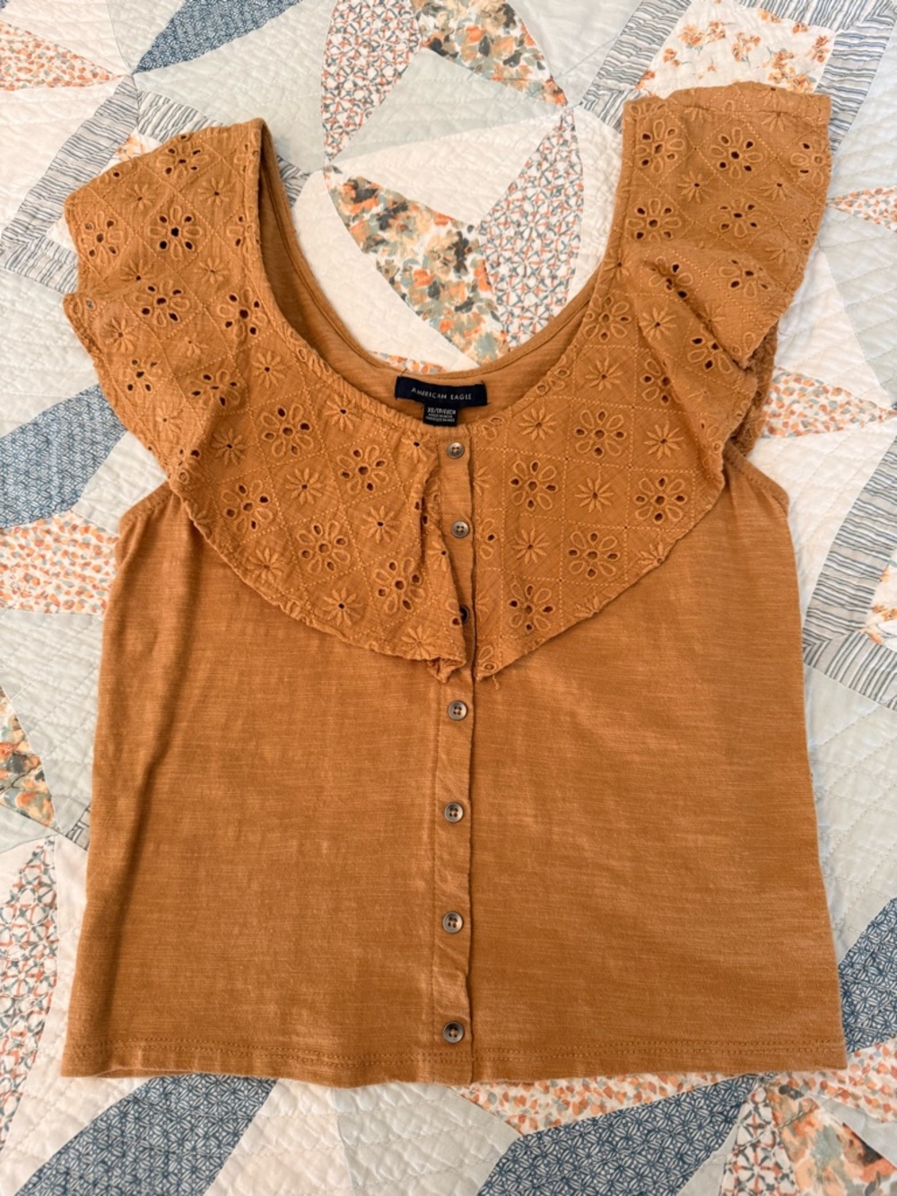 American Eagle Outfitters Women's Eyelet Ruffle Button-Front Top - Rust